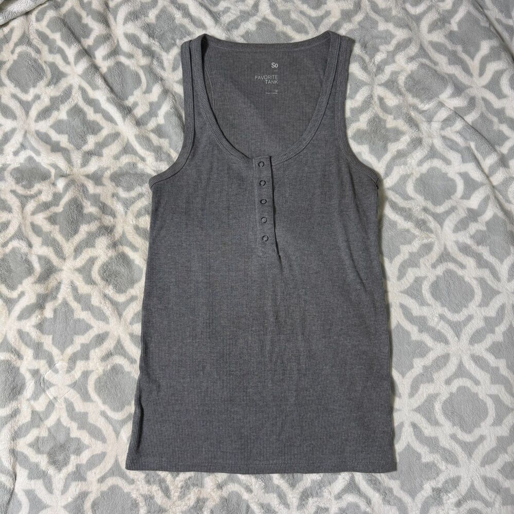SO Favorite Gray Ribbed Henley Tank Top Womens Medium
